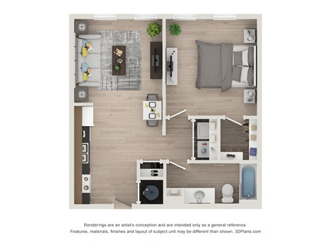 Floor plan for 1 bed, 1 bath, 715 sqft
